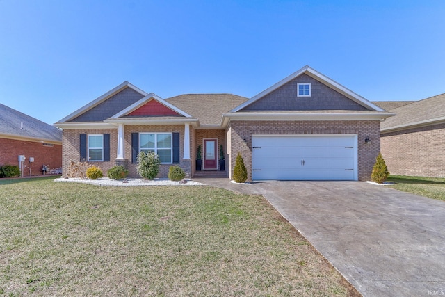 craftsman house with brick siding, driveway, an attached garage, and a front lawn