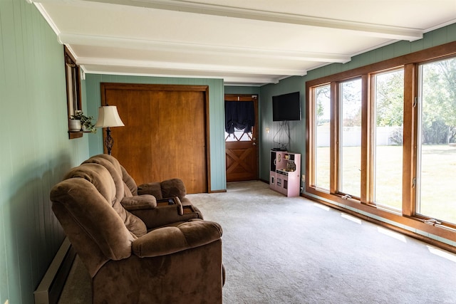 living area with beam ceiling and carpet flooring