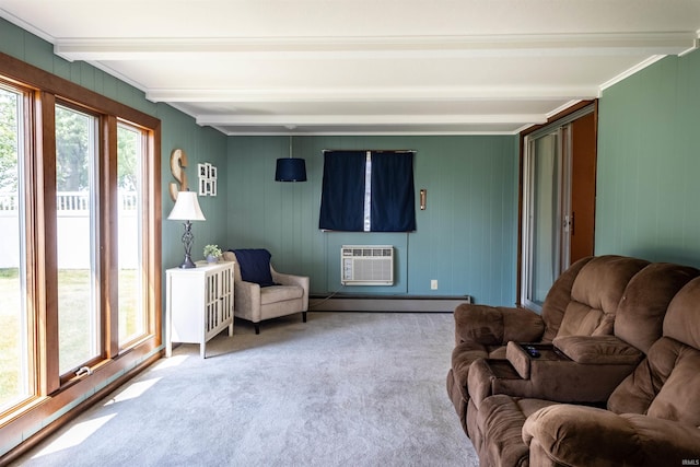 interior space featuring beam ceiling, an AC wall unit, carpet, and a baseboard radiator