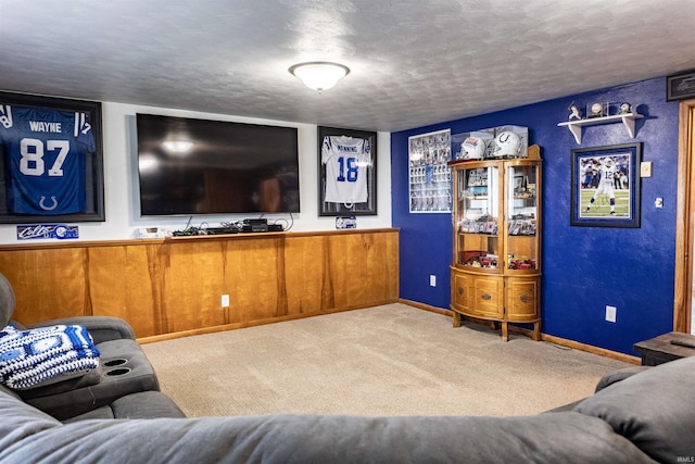 carpeted living room with baseboards and a textured ceiling