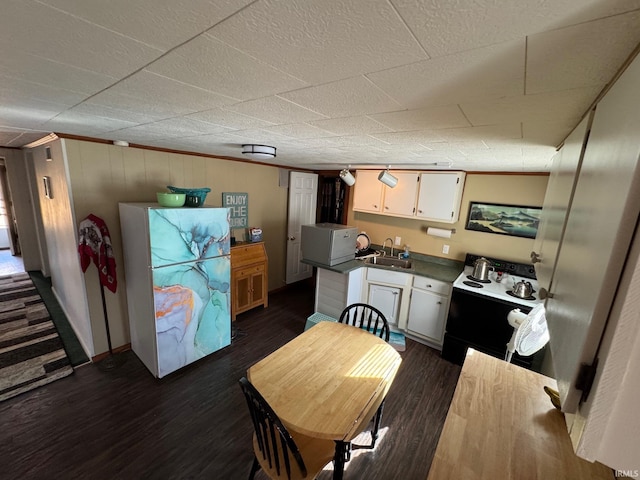 kitchen featuring dark countertops, dark wood-type flooring, freestanding refrigerator, electric range, and a sink