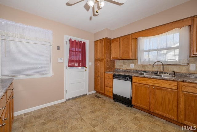 kitchen with a sink, decorative backsplash, brown cabinets, and dishwasher