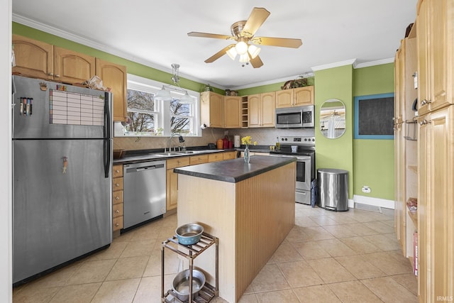 kitchen featuring ornamental molding, tasteful backsplash, dark countertops, appliances with stainless steel finishes, and light tile patterned floors