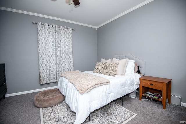 bedroom featuring carpet flooring, a ceiling fan, baseboards, and ornamental molding