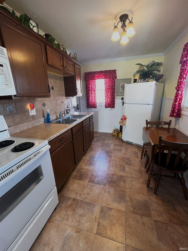 kitchen with dark brown cabinets, crown molding, a wainscoted wall, white appliances, and a sink