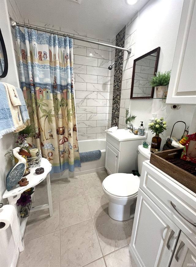 bathroom with toilet, shower / bath combo with shower curtain, and vanity