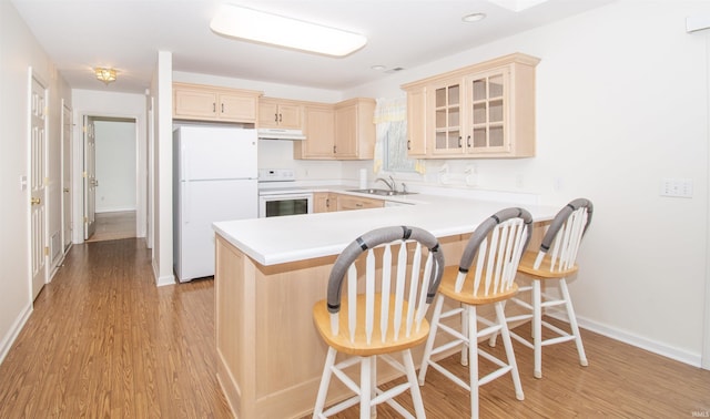 kitchen with glass insert cabinets, under cabinet range hood, a peninsula, white appliances, and a sink