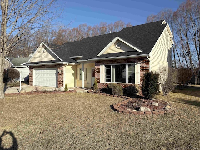 view of front facade featuring brick siding, a front lawn, concrete driveway, and a garage