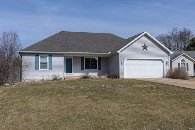 ranch-style home featuring concrete driveway, a front yard, a garage, and roof with shingles