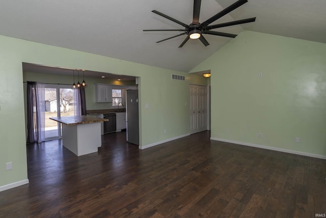 unfurnished living room featuring a sink, visible vents, baseboards, and dark wood-type flooring