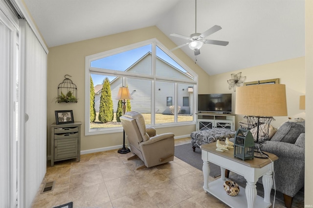 living area featuring tile patterned flooring, visible vents, baseboards, and lofted ceiling