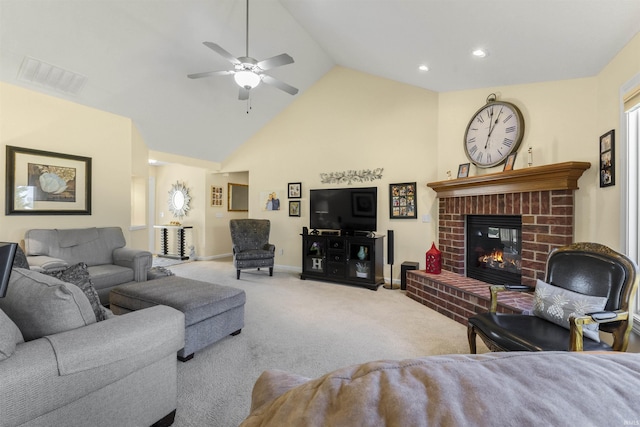 living area with visible vents, a brick fireplace, baseboards, carpet flooring, and high vaulted ceiling