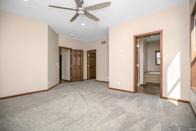 unfurnished bedroom with visible vents, recessed lighting, carpet, and baseboards