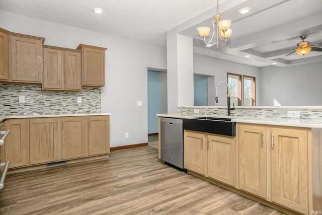 kitchen featuring light wood finished floors, decorative backsplash, dishwasher, and a sink