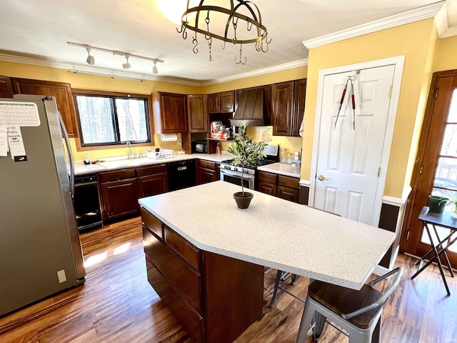 kitchen with crown molding, light countertops, custom range hood, stainless steel appliances, and a sink