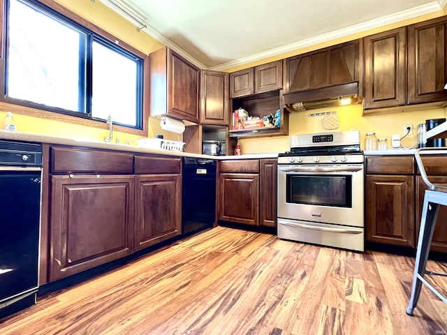 kitchen featuring gas stove, open shelves, light countertops, custom range hood, and light wood-style floors