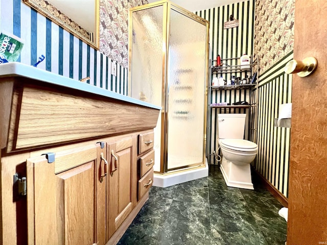 full bath with toilet, a stall shower, and wallpapered walls