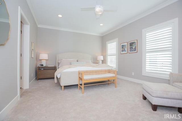 bedroom with recessed lighting, baseboards, light carpet, and crown molding