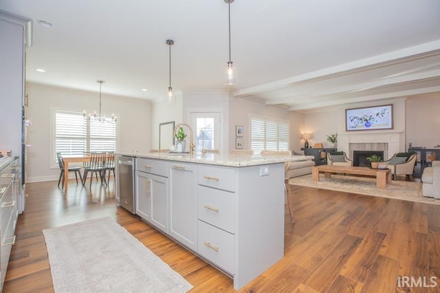 kitchen featuring a tiled fireplace, a healthy amount of sunlight, light wood finished floors, and stainless steel dishwasher