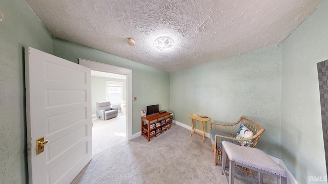 sitting room featuring carpet, baseboards, a textured wall, and a textured ceiling