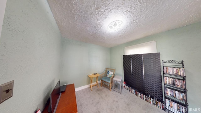 interior space featuring a textured wall, baseboards, carpet, and a textured ceiling