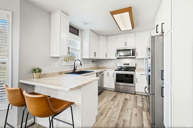 kitchen featuring light wood-type flooring, a sink, stainless steel appliances, a peninsula, and white cabinets