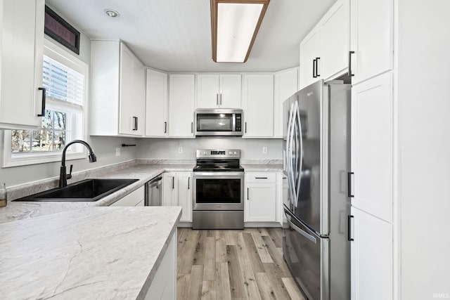 kitchen featuring a sink, light wood-style floors, appliances with stainless steel finishes, white cabinets, and light stone countertops