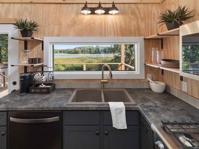 kitchen with dishwasher, open shelves, a wealth of natural light, and a sink