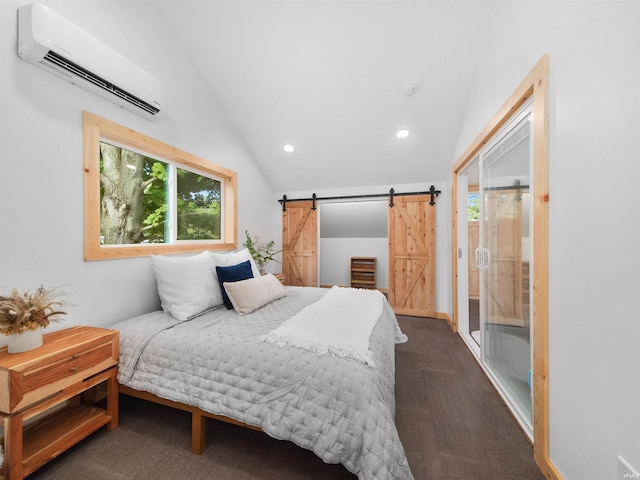 bedroom with a wall mounted AC, dark carpet, recessed lighting, a barn door, and vaulted ceiling