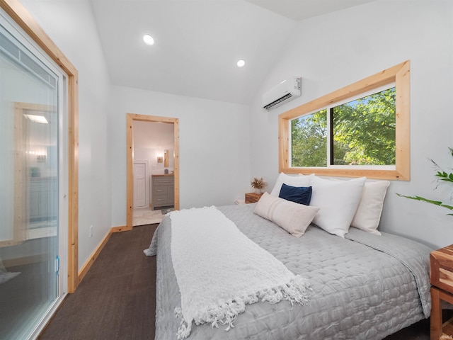 bedroom with a wall mounted air conditioner, recessed lighting, connected bathroom, baseboards, and vaulted ceiling