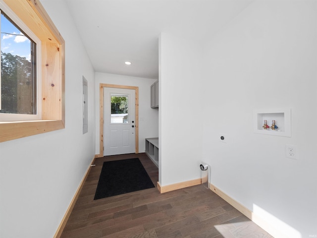 washroom with washer hookup, baseboards, dark wood-style flooring, and hookup for an electric dryer