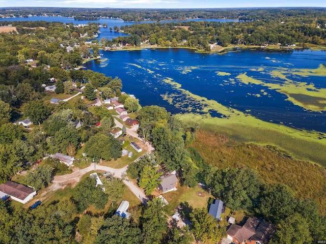 drone / aerial view featuring a forest view and a water view