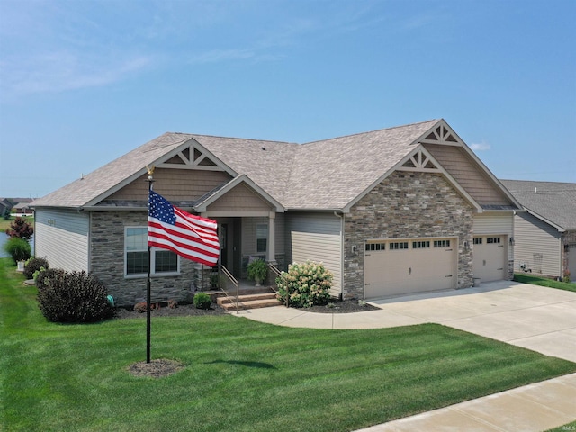 craftsman house with concrete driveway, an attached garage, stone siding, and a front yard