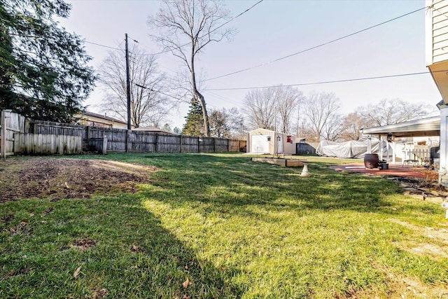 view of yard with a patio area, an outdoor structure, a storage shed, and a fenced backyard