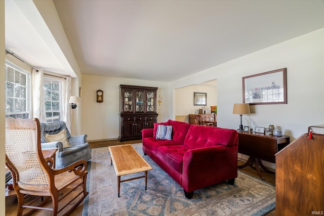 living area with wood finished floors and vaulted ceiling