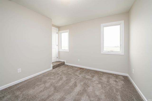 spare room with visible vents, carpet, and baseboards