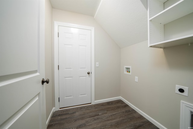 laundry area featuring baseboards, laundry area, electric dryer hookup, washer hookup, and dark wood-type flooring