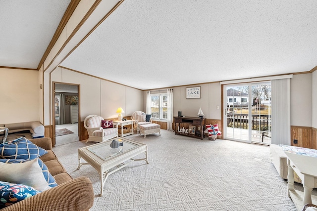 living area with carpet flooring, a textured ceiling, and ornamental molding