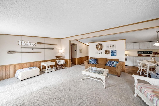 carpeted living area featuring crown molding, wooden walls, a wainscoted wall, and a textured ceiling