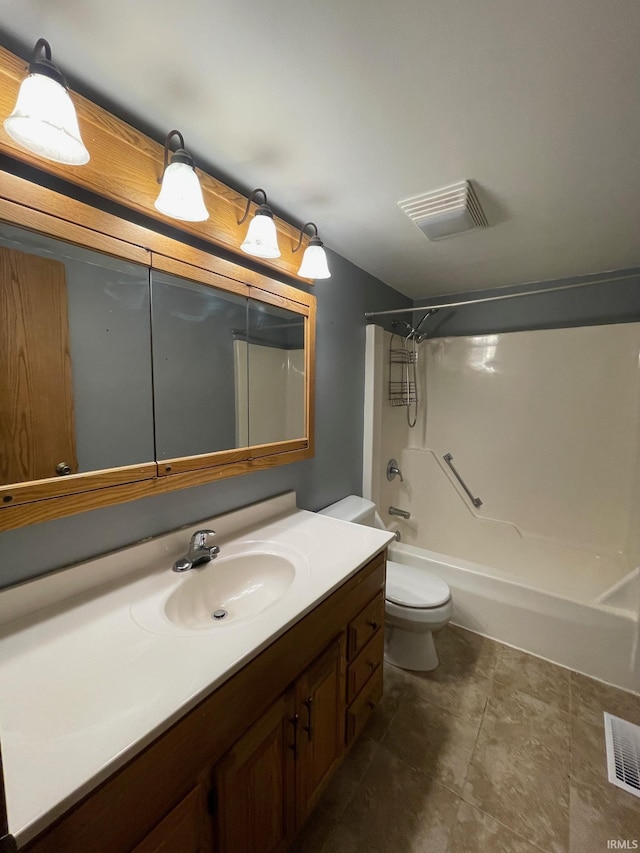 full bath featuring vanity, bathing tub / shower combination, toilet, and visible vents