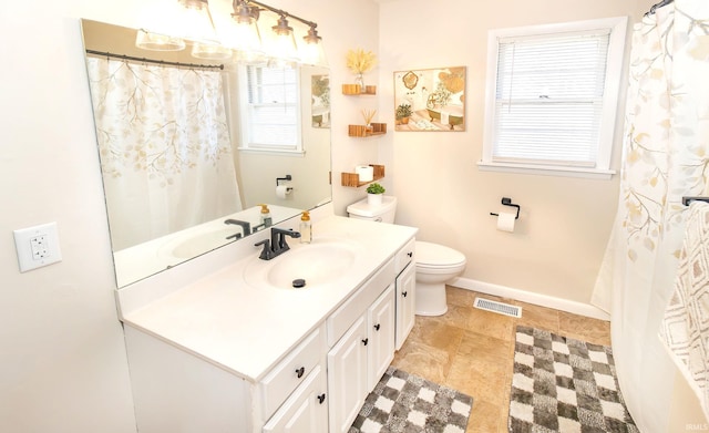 full bathroom with visible vents, toilet, vanity, and baseboards