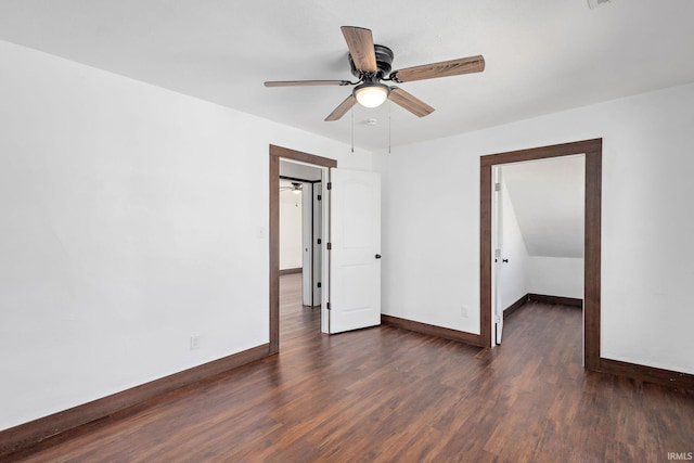 unfurnished bedroom with baseboards, wood finished floors, and a ceiling fan