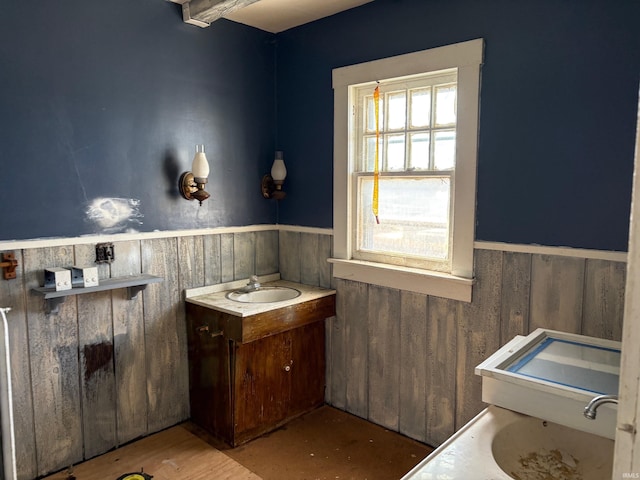 bathroom with vanity, wood walls, and wainscoting