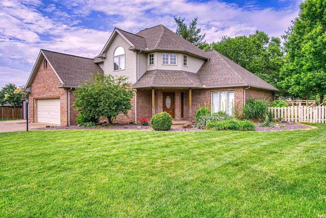 view of front of home featuring brick siding, roof with shingles, a front lawn, and fence