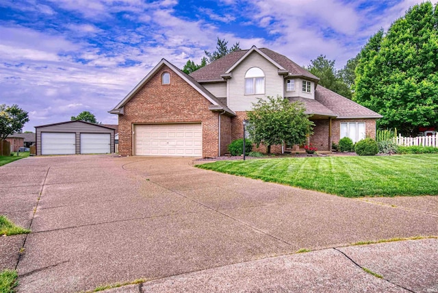 traditional home featuring fence, driveway, roof with shingles, a front lawn, and brick siding