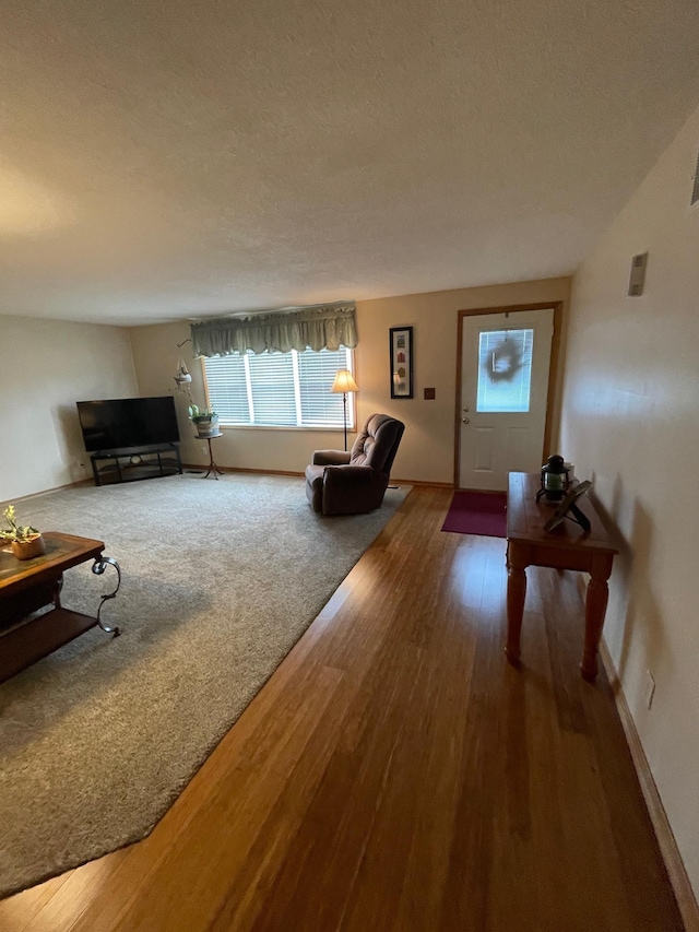 living area featuring baseboards, a textured ceiling, and wood finished floors