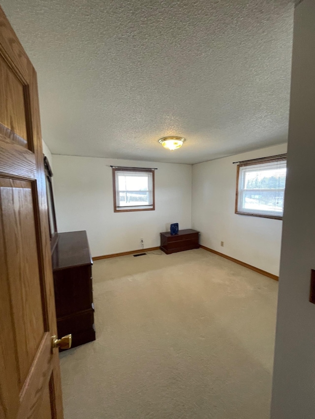 unfurnished bedroom with baseboards, light carpet, and a textured ceiling