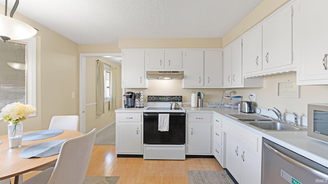 kitchen featuring under cabinet range hood, light wood-type flooring, stainless steel dishwasher, electric range, and a sink