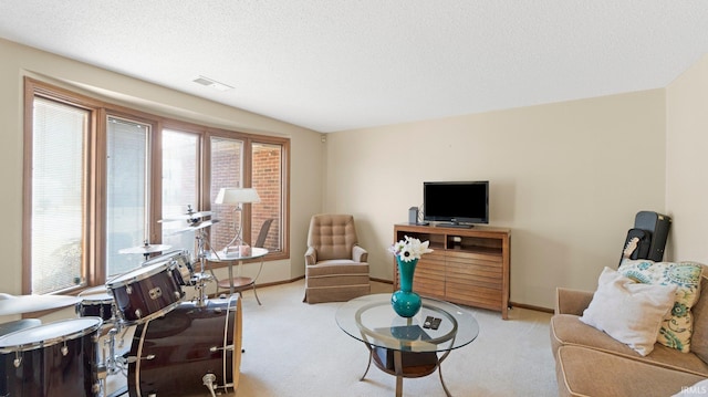 carpeted living area with plenty of natural light, a textured ceiling, and baseboards