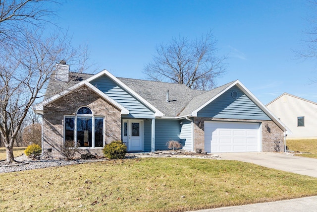 view of front of home featuring an attached garage, a chimney, concrete driveway, a front lawn, and brick siding